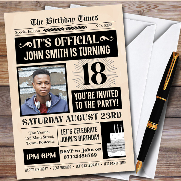 Newspaper Photo 18Th Personalised Birthday Party Invitations