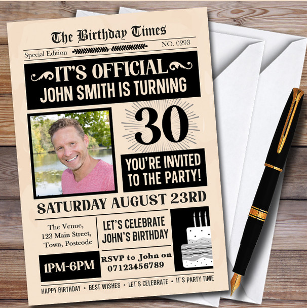 Newspaper Photo 30Th Personalised Birthday Party Invitations