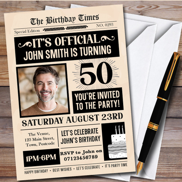 Newspaper Photo 50th Personalised Birthday Party Invitations