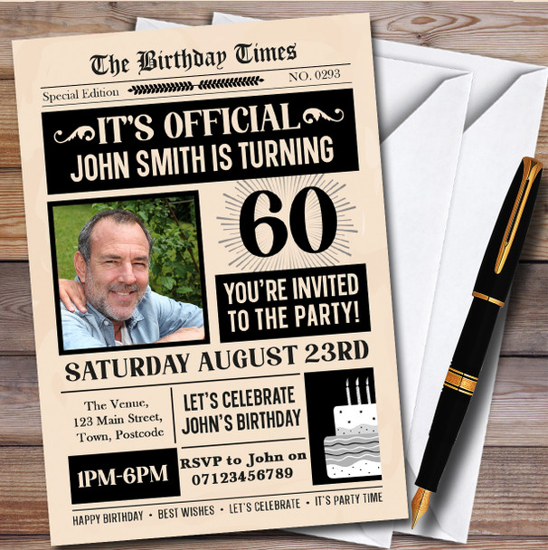 Newspaper Photo 60Th Personalised Birthday Party Invitations
