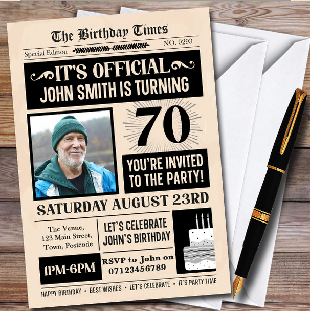 Newspaper Photo 70th Personalised Birthday Party Invitations