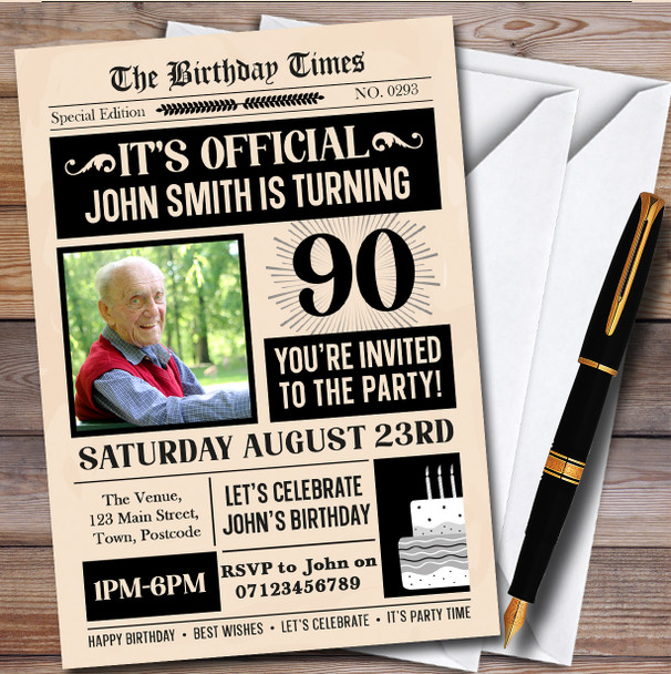 Newspaper Photo 90Th Personalised Birthday Party Invitations