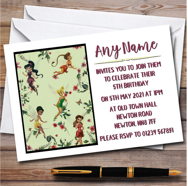 Tinker Bell And Fairies Green Personalised Children's Birthday Party Invitations