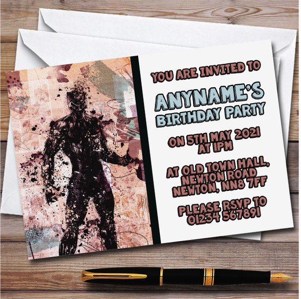 Black Panther Abstract Smudge Personalised Children's Birthday Party Invitations