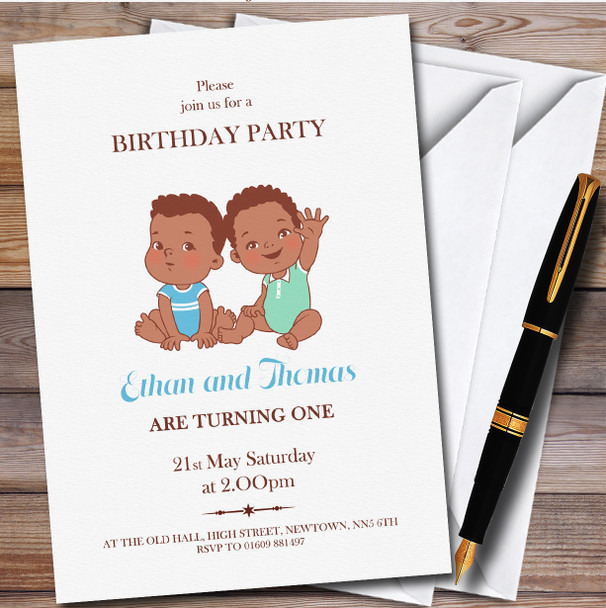 Dark Skin Two Boys Twins Personalised Children's Kids Birthday Party Invitations