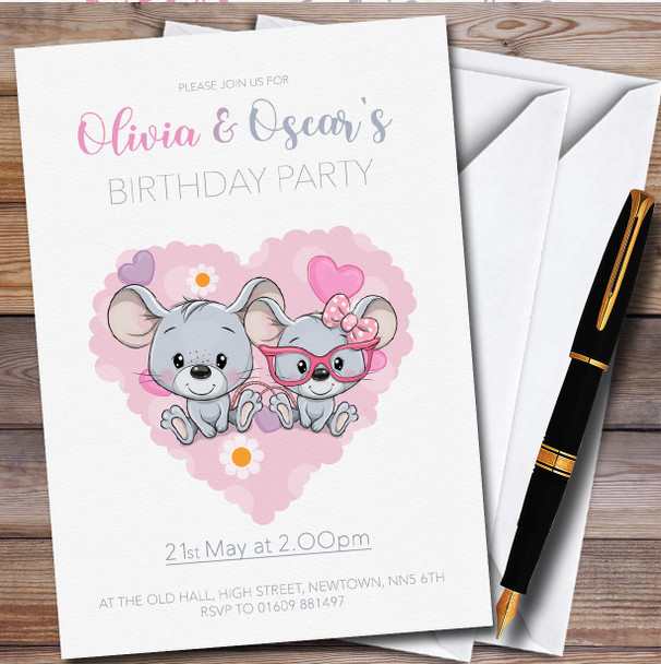 Boy Girl Twins Cute Mice Personalised Children's Kids Birthday Party Invitations