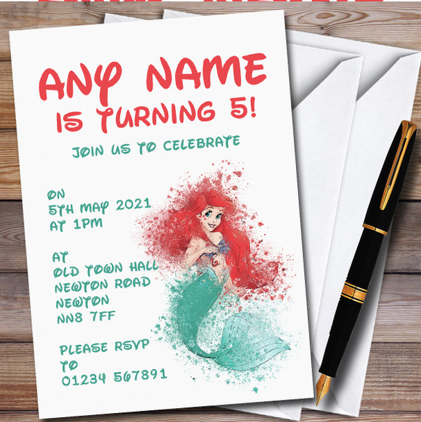 Ariel Disney Mermaid Watercolour Splatter Children's Birthday Party Invitations