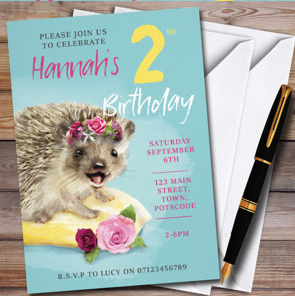 Hedgehog Watercolour Any Age Personalised Children's Birthday Party Invitations