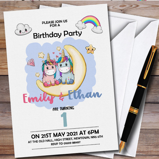 Boy Girl Twins Unicorns Personalised Children's Kids Birthday Party Invitations