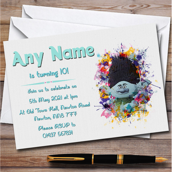 Trolls Watercolour Splatter Personalised Children's Birthday Party Invitations