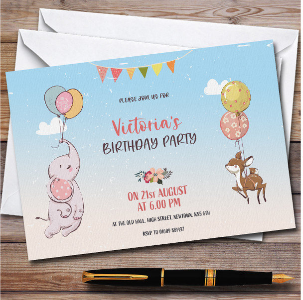 Baby Elephant And Deer Personalised Children's Kids Birthday Party Invitations