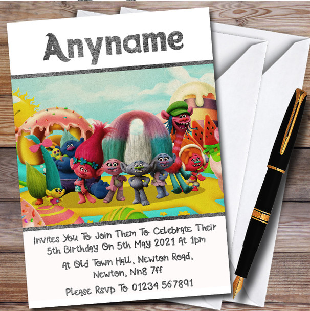 Trolls Colourful Retro Personalised Children's Kids Birthday Party Invitations