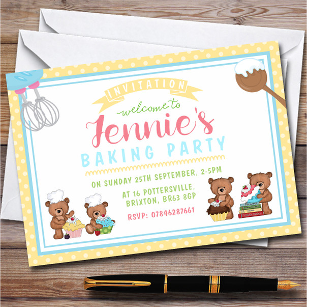 Baking Bears Yellow Border Personalised Children's Birthday Party Invitations