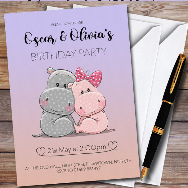 Boy Girl Twins Cute Hippos Personalised Children's Birthday Party Invitations