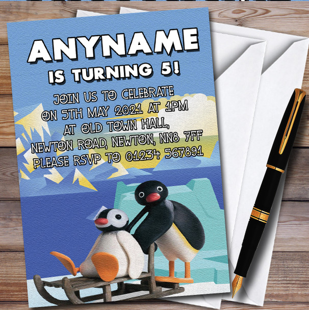 Pingu Sled Penguin Cartoon Personalised Children's Birthday Party Invitations