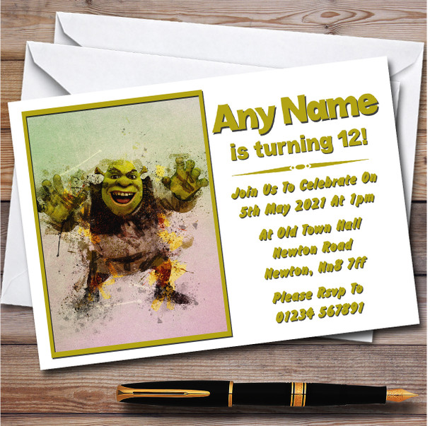 Shrek Watercolour Splatter Personalised Children's Birthday Party Invitations