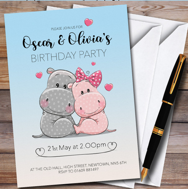 Boy Girl Twins Hippos Personalised Children's Kids Birthday Party Invitations