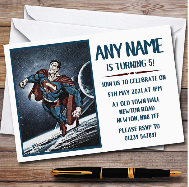 Superman Vintage Blue Personalised Children's Kids Birthday Party Invitations