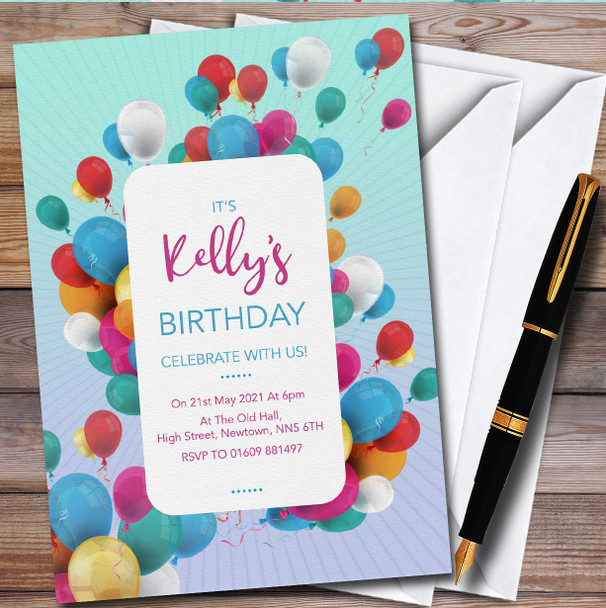 Flying Colourful Balloons Personalised Children's Birthday Party Invitations