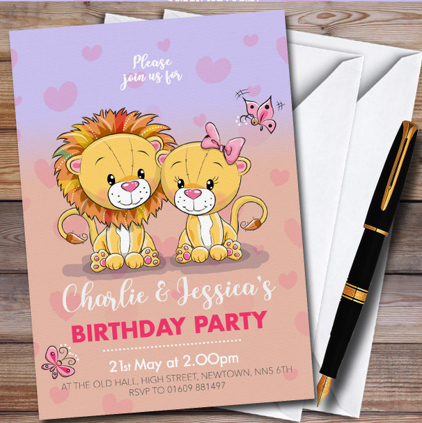 Boy Girl Twins Cute Lions Personalised Children's Birthday Party Invitations