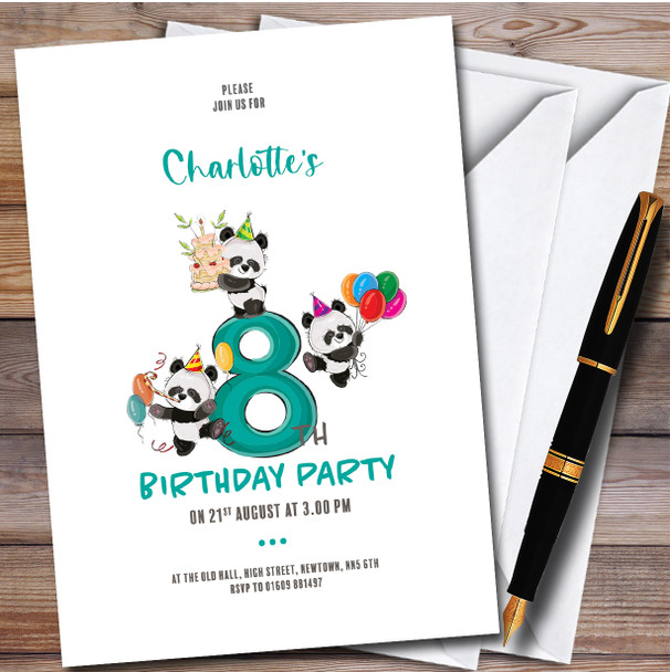 Cute Panda Bears 8Th Personalised Children's Kids Birthday Party Invitations
