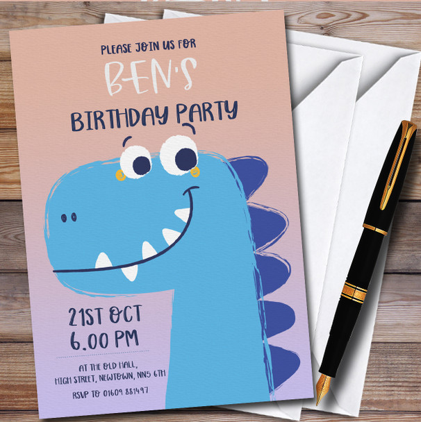 Cheeky Blue Dinosaur Personalised Children's Kids Birthday Party Invitations