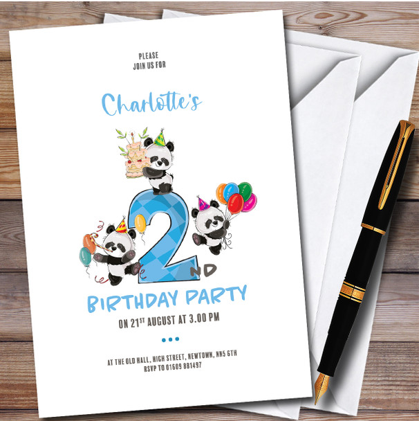 Cute Panda Bears 2nd Personalised Children's Kids Birthday Party Invitations