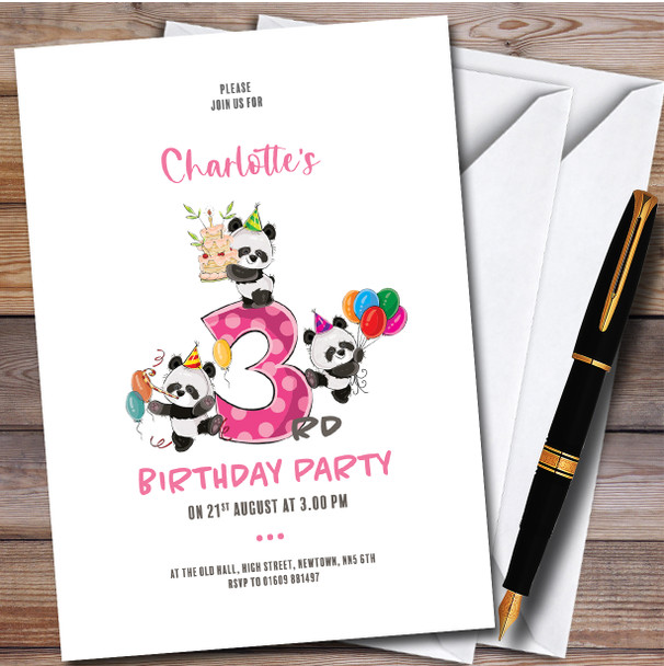 Cute Panda Bears 3Rd Personalised Children's Kids Birthday Party Invitations