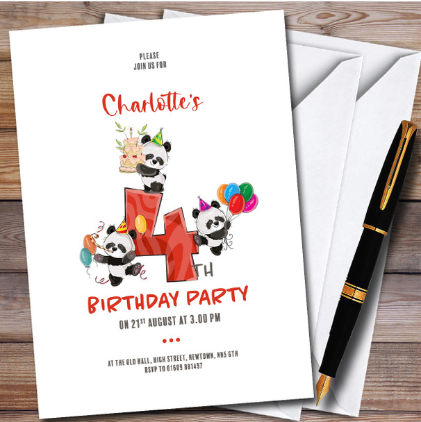 Cute Panda Bears 4th Personalised Children's Kids Birthday Party Invitations