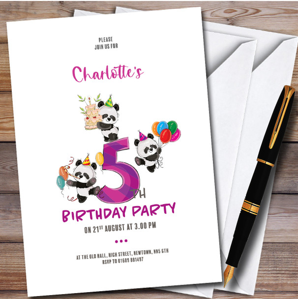 Cute Panda Bears 5Th Personalised Children's Kids Birthday Party Invitations
