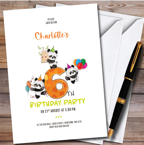 Cute Panda Bears 6Th Personalised Children's Kids Birthday Party Invitations
