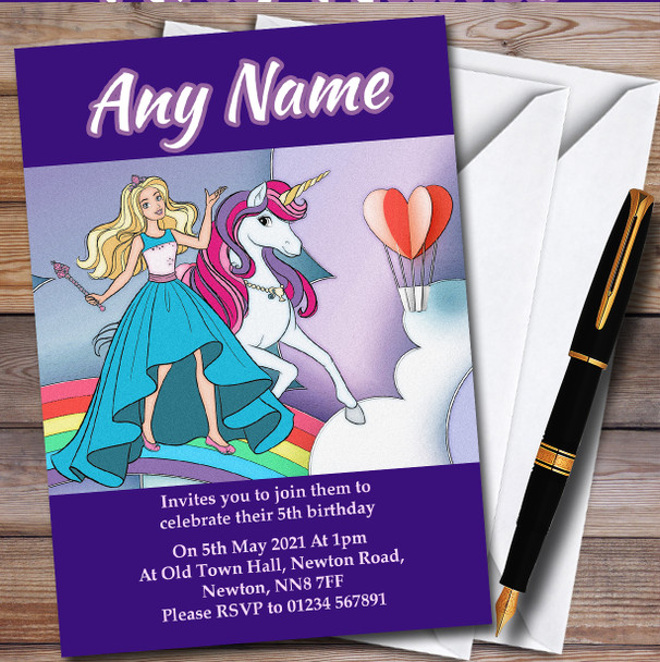 Unicorn Barbie Retro Personalised Children's Kids Birthday Party Invitations