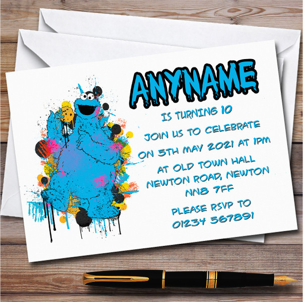 Sesame Street Cookie Monster Splatter Children's Birthday Party Invitations