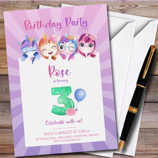 Unicorns Purple 3Rd Personalised Children's Kids Birthday Party Invitations
