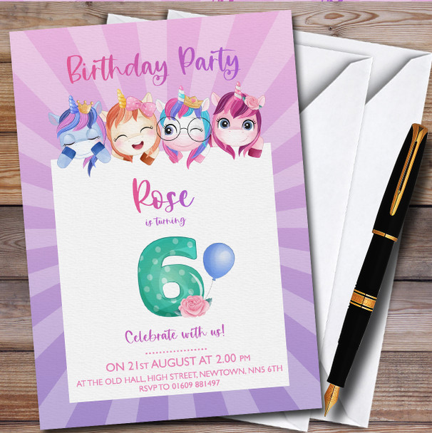 Unicorns Purple 6Th Personalised Children's Kids Birthday Party Invitations