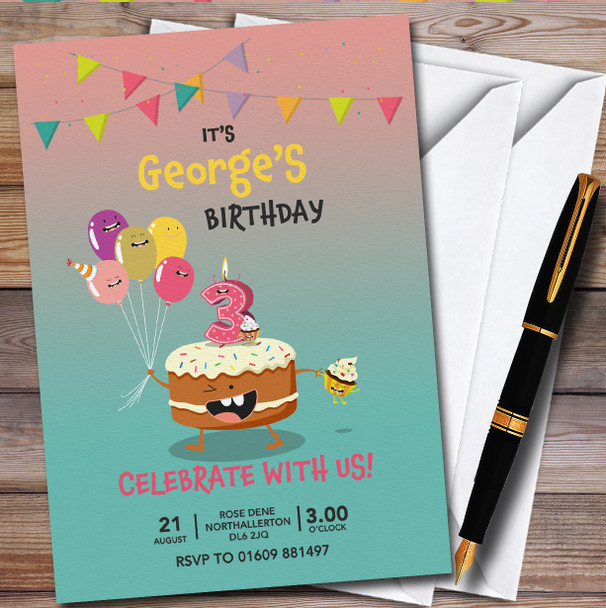 Cake and Balloons 3rd Personalised Children's Kids Birthday Party Invitations