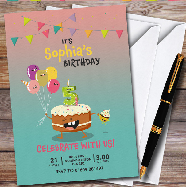 Cake & Balloons 5Th Personalised Children's Kids Birthday Party Invitations