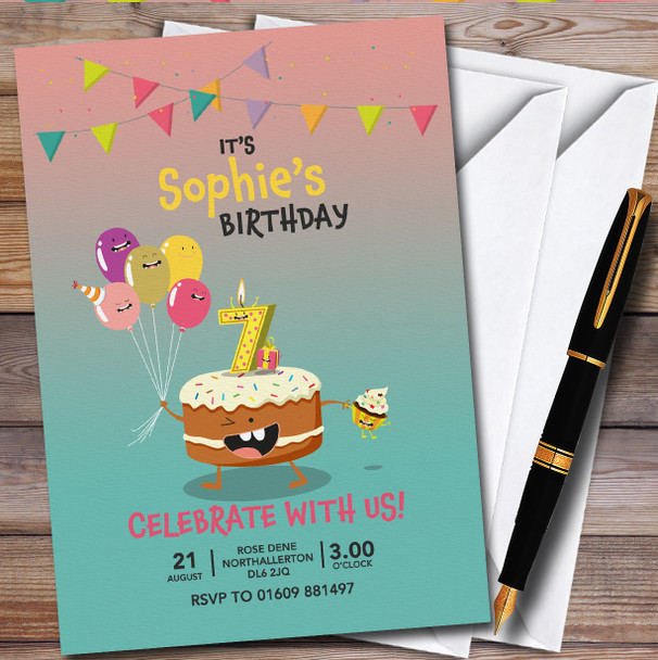 Cake & Balloons 7Th Personalised Children's Kids Birthday Party Invitations