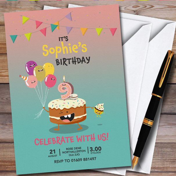 Cake & Balloons 9Th Personalised Children's Kids Birthday Party Invitations