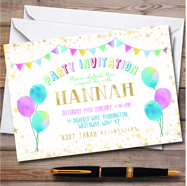 Celebration Balloons and Bunting Stars Children's Birthday Party Invitations
