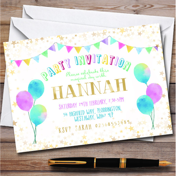 Celebration Balloons & Bunting Stars Children's Birthday Party Invitations