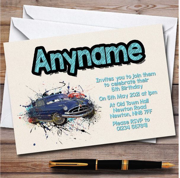 Cars Doc Hudson Watercolour Splatter Children's Birthday Party Invitations