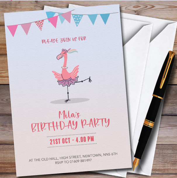 Ballerina Flamingo Personalised Children's Kids Birthday Party Invitations