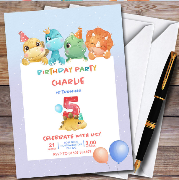 Cute Dinosaurs 5Th Personalised Children's Kids Birthday Party Invitations