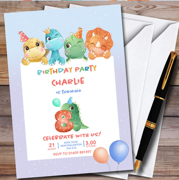 Cute Dinosaurs 8Th Personalised Children's Kids Birthday Party Invitations