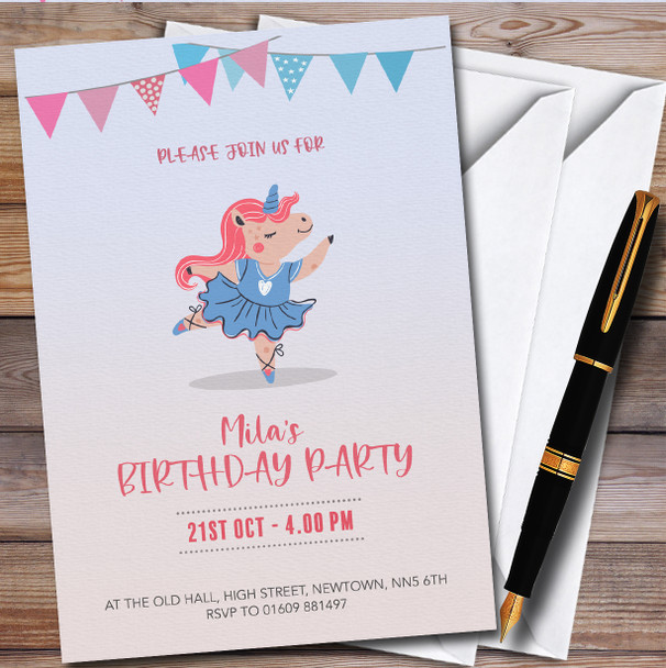 Ballerina Unicorn Personalised Children's Kids Birthday Party Invitations