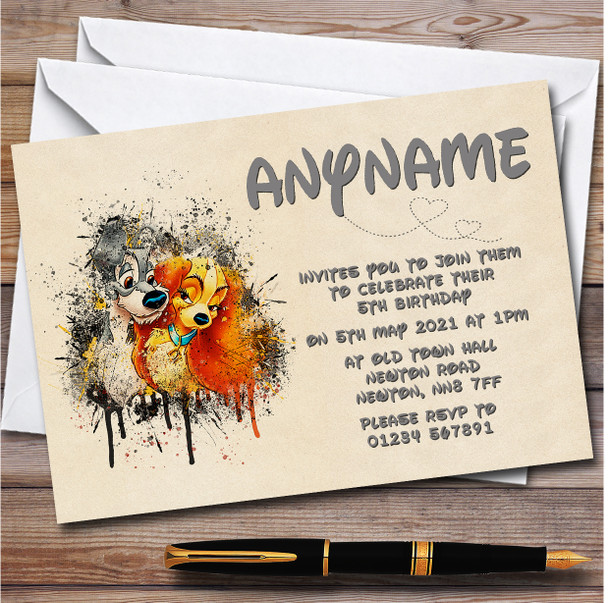 Lady And The Tramp Rustic Splatter Children's Birthday Party Invitations