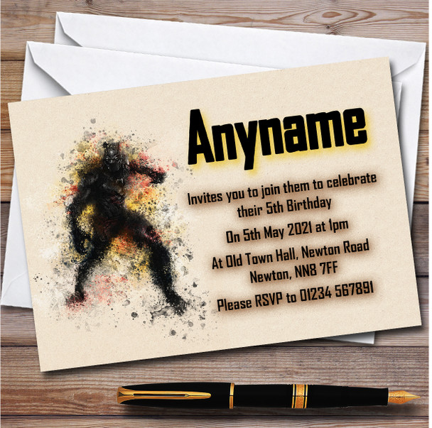 Black Panther Watercolour Splatter Children's Birthday Party Invitations