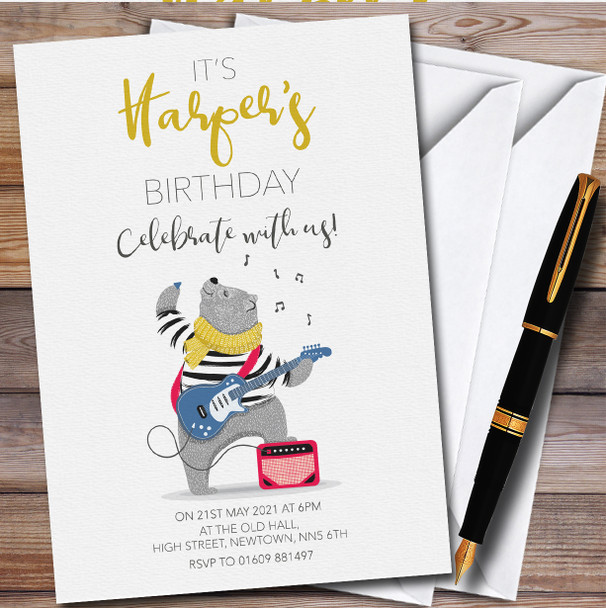 Rock Guitar Bear Personalised Children's Kids Birthday Party Invitations