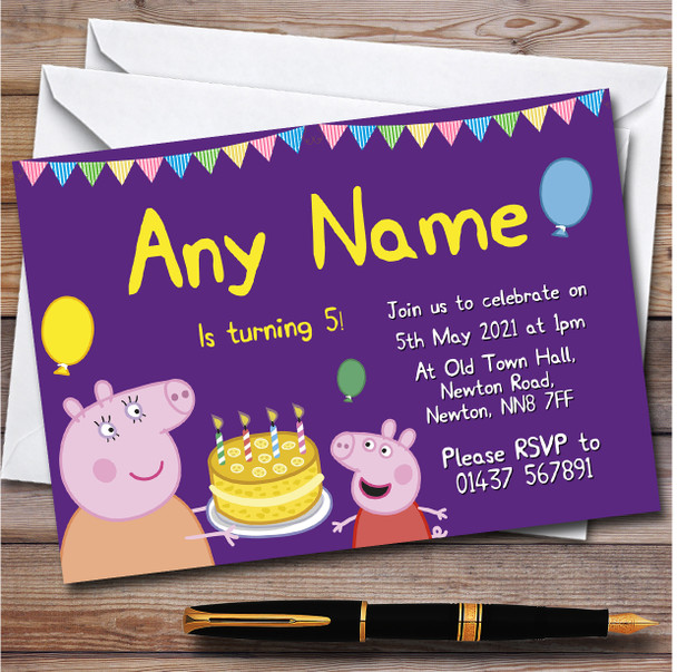 Purple Peppa Pig Personalised Children's Kids Birthday Party Invitations